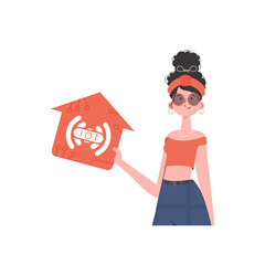 IoT concept. The girl is shown to the waist. A woman is holding a house icon in her hands.     in flat style.