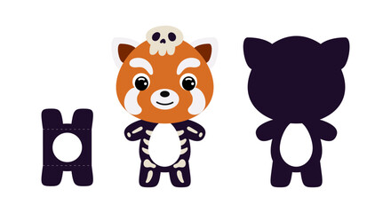 Cute die cut Halloween red panda chocolate egg holder template. Cartoon animal character in a skeleton costume. Retail paper box for the easter egg. Printable color scheme. Vector stock illustration