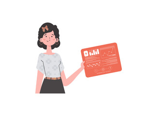 A woman holds a panel with analyzers and indicators in her hands. IoT concept.     in flat style.