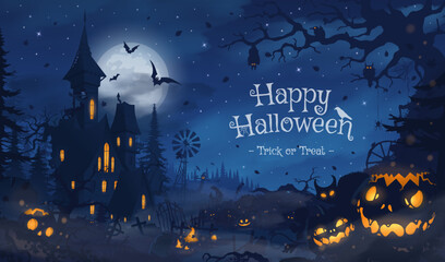 Happy halloween banner or party invitation background with violet fog clouds and pumpkins	