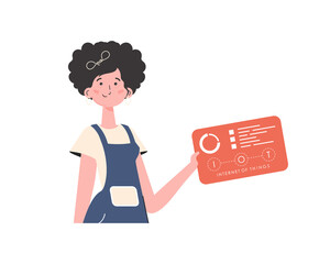 A woman holds a panel with analyzers and indicators in her hands. IoT concept.     in trendy flat style.