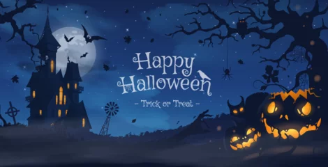 Deurstickers Happy halloween banner or party invitation background with violet fog clouds and pumpkins  © Alice