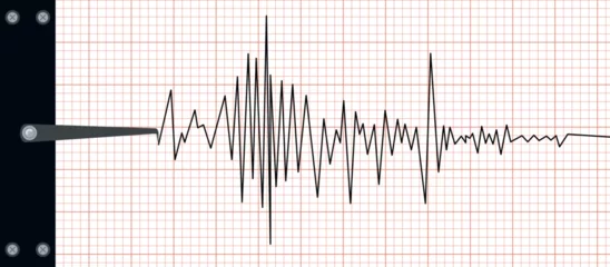 Fotobehang Earthquake seismic waves seismograph graph paper. Vibration measurement recording chart . Polygraph lie detector test diagram record. Audio wave, wind or tempetature line graph. Vector illustration © Irina