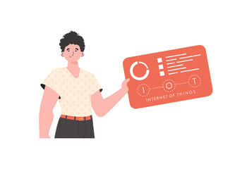 A man holds a panel with analyzers and indicators in his hands. Internet of things and automation concept.    .