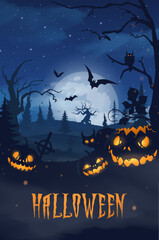 Happy halloween banner or party invitation background with violet fog clouds and pumpkins	 - obrazy, fototapety, plakaty