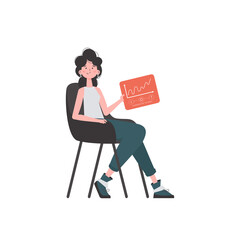Fototapeta premium A woman sits in a chair and holds a panel with analyzers and indicators in her hands. Internet of things concept. Trendy flat style.