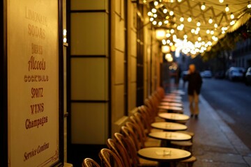 Outside terrace of a bistro in Paris, France in the evening