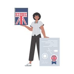 A man holds an English dictionary and a certificate in his hands. The concept of learning English.   Trendy flat style.