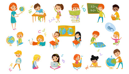 Kids at School Lesson Studying and Learning with Book, Globe and Chalkboard Big Vector Set