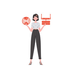 A woman holds the internet of things logo in her hands. Router and server. Internet of things and automation concept.     in flat style.