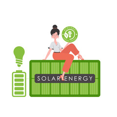 A woman sits on a solar panel and holds the ECO logo in her hands. The concept of green energy and ecology.   Vector trend illustration.