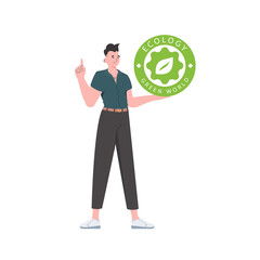The guy holds the ECO logo in his hands. The character is depicted in full growth. The concept of ecology and green energy.   trendy style.  .