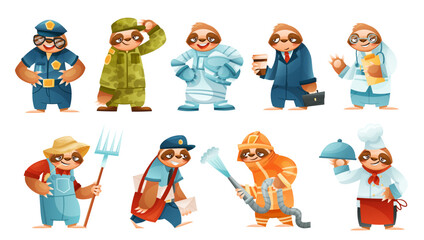 Funny Sloth Mammal Engaged in Different Occupation Wearing Professional Uniform Vector Set