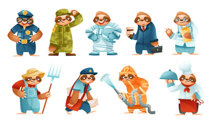 Funny Sloth Mammal Engaged in Different Occupation Wearing Professional Uniform Vector Set © Happypictures