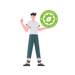 The guy holds the ECO logo in his hands. The character is depicted in full growth. The concept of ecology and green energy.   Vector trend illustration.