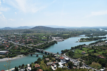 Fototapeta premium view of the surroundings of the city of Shkoder in Albania and the Buna River from the height of the Rosafa fortress