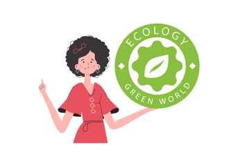 The girl holds the ECO logo in her hands. The character is depicted to the waist. The concept of green energy and ecology.   trendy style.  .
