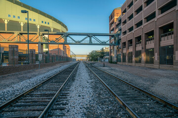 Fototapeta na wymiar Phoenix, Arizona- Railways with footbridge above near the stadium