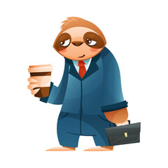 Fototapeta premium Funny Sloth Mammal as Office Employee Wearing Professional Uniform Carrying Coffee and Briefcase Vector Illustration