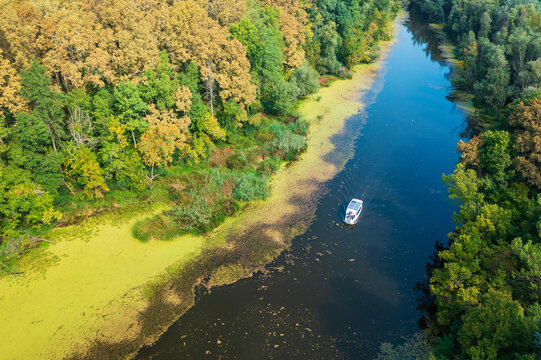 Aerial view of a tourist boat on the Strug River in Lonjsko polje, Croatia