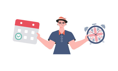 Male teacher shows that it's time to learn English. The concept of learning English.   trendy style.  .