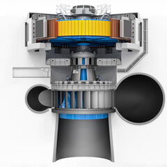 Hydro turbine on a white background with a generator rotor for a powerful hydroelectric power plant. Scheme of a water turbine. 3d render