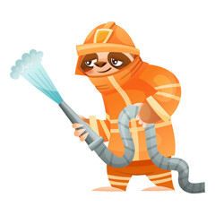 Fototapeta premium Funny Sloth Mammal as Firefighter Wearing Professional Fireproof Uniform with Water Hose Vector Illustration