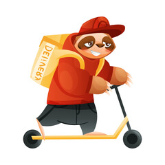 Fototapeta premium Funny Sloth Mammal as Deliveryman in Cap Riding Scooter Carrying Food Bag Vector Illustration