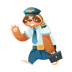 Fototapeta premium Funny Sloth Mammal as Pilot Wearing Professional Uniform Walking with Briefcase Vector Illustration