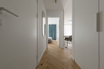 Modern minimalist interior design  with wooden furniture, oak floor in Scandinavian style.  Aesthetic simple interior design concept.