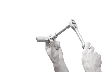 place for text on the background of a wrench in a hand. the banner depicts hands holding tools.hand of the master holds an adjustable wrench