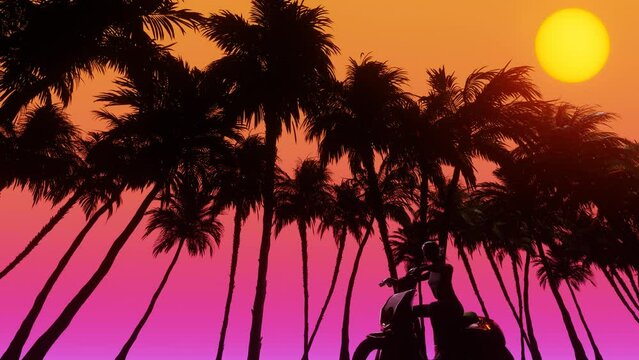 Bottom view of Young female driving motobike along palm alley, coconut palm trees in sunshine. 3d Synthwave animated background. Seamless loop.