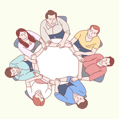 Business team concept. Hands of businessman partners making circle. Hand drawn style vector illustrations.