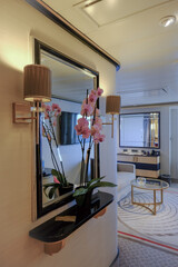 Entry hallway corridor living room of suite stateroom cabin with mirror, lights, cupboards,...