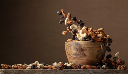 Flying dried fruits and nuts. - obrazy, fototapety, plakaty