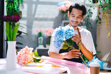 Asian man influencer or SME owner people smile work on home video camera selfie shoot.Smiling female florist talking on mobile phone. Young woman working at shop with Open sign.