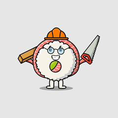 Cute cartoon Rice sushi rolls sashimi as carpenter character with saw and wood in flat modern style design