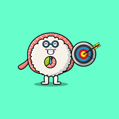 Cute cartoon Rice sushi rolls sashimi businessman holding target and arrow with happy expression