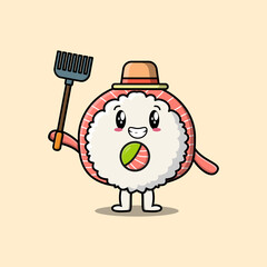 Cute cartoon Agricultural worker Rice sushi rolls sashimi with pitchfork vector modern style design