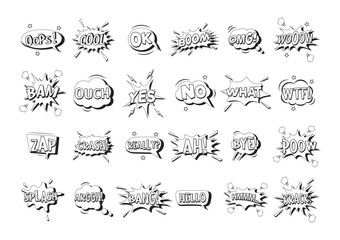 Set of black and white comic speech bubbles