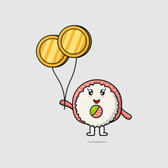 Cute cartoon Rice sushi rolls sashimi businessman floating with gold coin balloon illustration