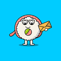 Cute cartoon Rice sushi rolls sashimi holding envelope with cartoon vector illustration style