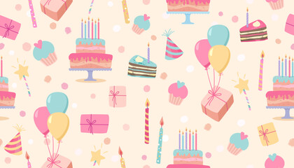Seamless pattern with birthday colorful candles, cakes, gift boxes. Cartoon illustration