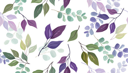 Seamless pattern of eucalyptus, fern, foliage, branches, green leaves