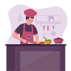 Chef man cooking illustration design concept. Illustration for websites, landing pages, mobile applications, posters and banners. Trendy flat vector illustration