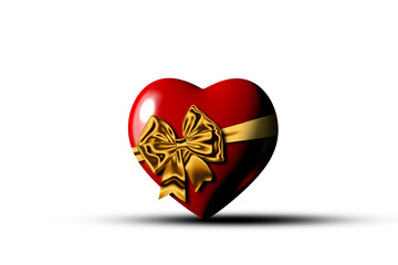 Heart wrapped with a ribbon with a bow on a white background. Love concept. 3D illustration.