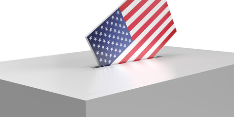 US American flag designed voting envelope into ballot box on white background with copy space. Realistic 3D render illustration. Democratic Election concept. Confidential vote bulletin. 