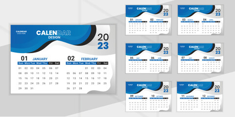 Desk Calendar 2023 template for business. The week starts on Sunday six page blue color
