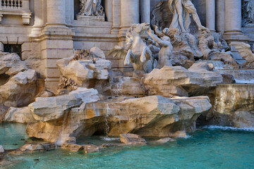 A detail view of the Trevi Fountain in the morning - no people. Tourist attraction in Rome.
