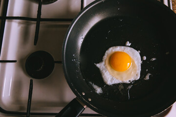 Fried egg in a frying pan on a white stove.